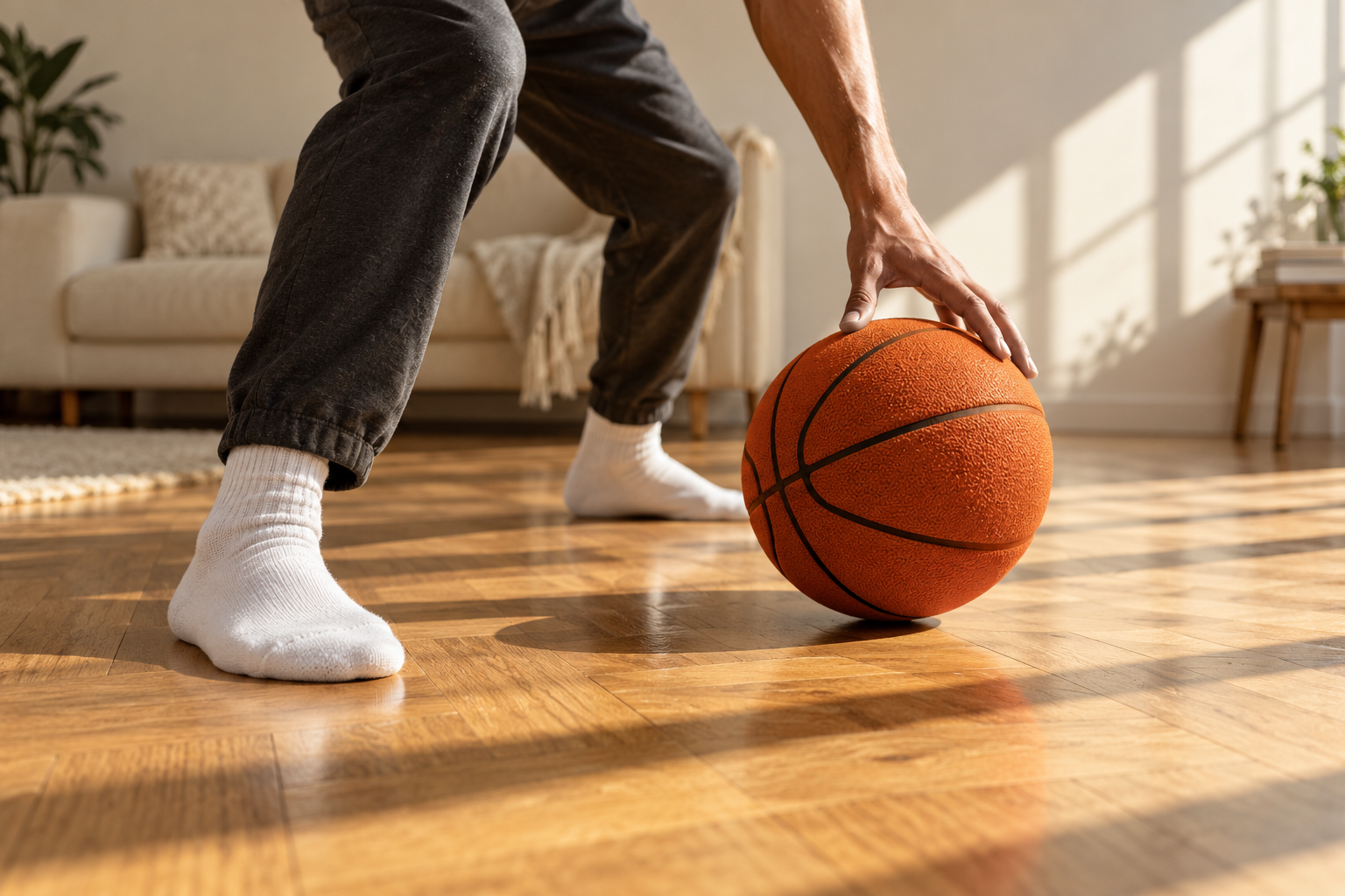 Illustrative indoor practice scene with an orange foam basketball on a sunlit wooden floor